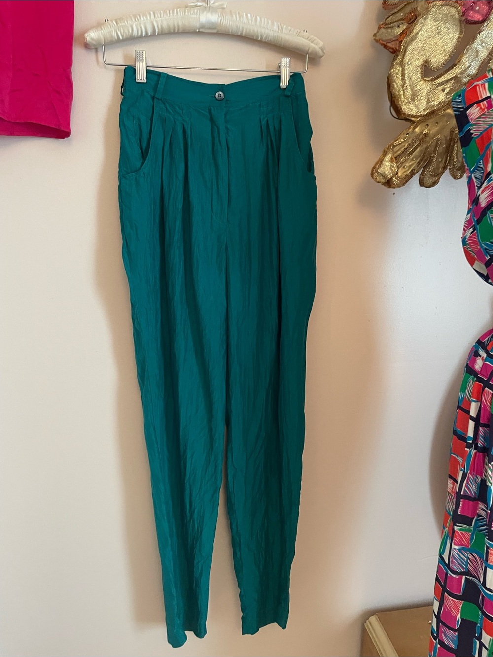 Teal High-Rise Silk Ankle Pants Size M